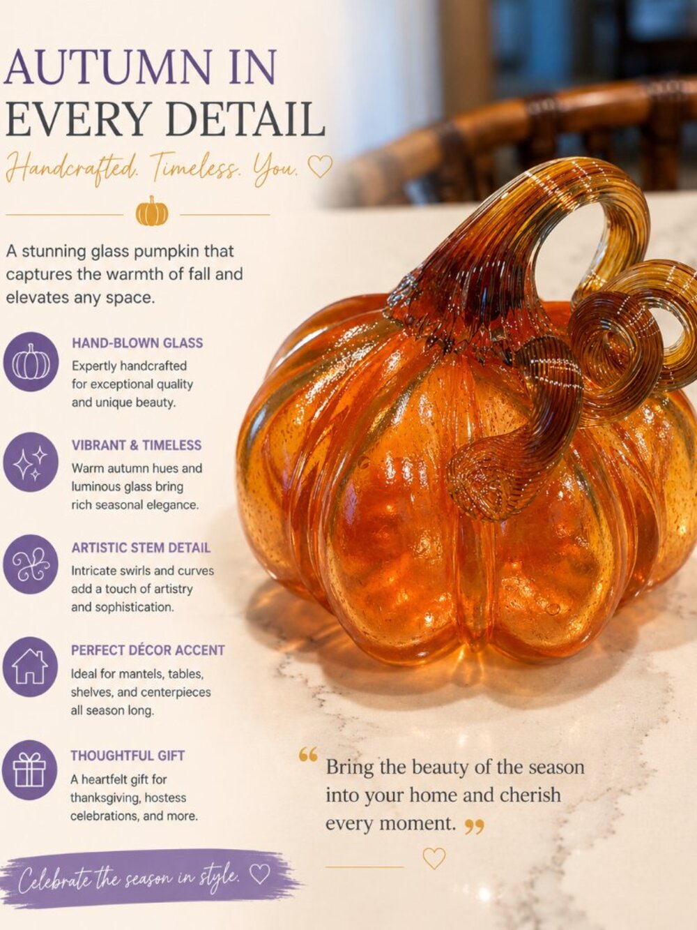 Elegant Glass Pumpkin Sculpture - Amber